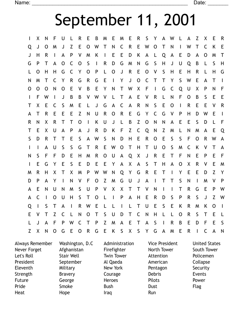 September 11, 2001 Word Search