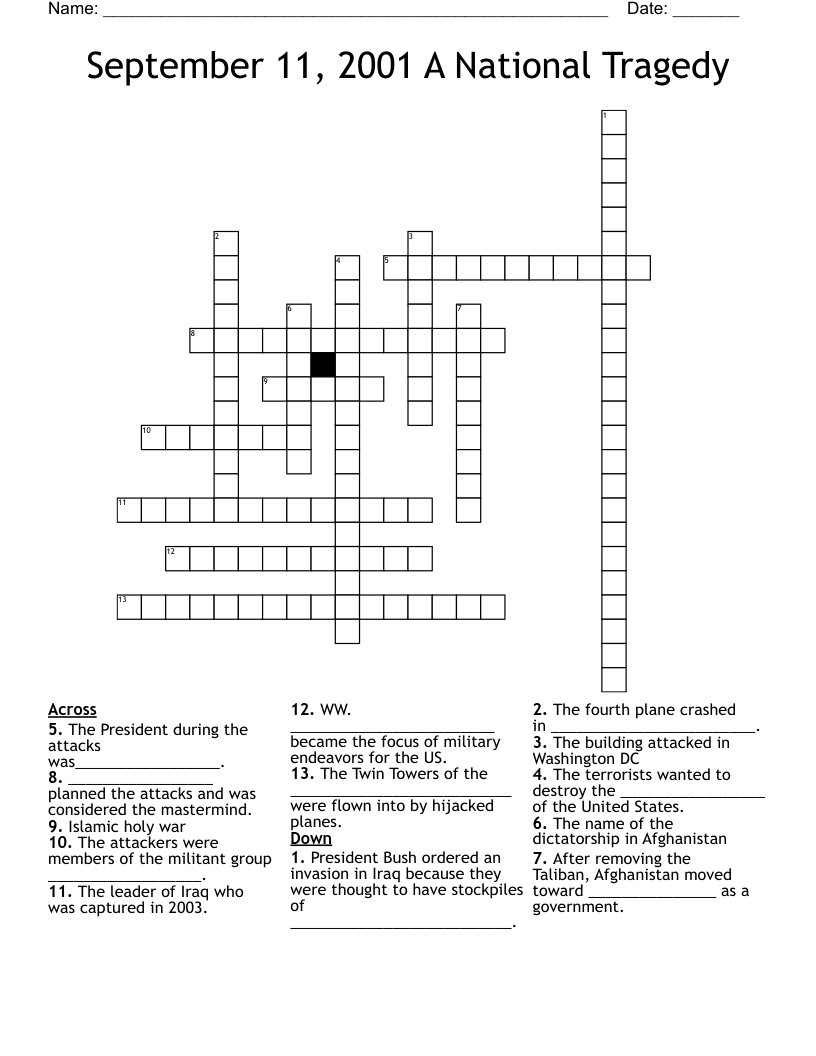 September 11, 2001 A National Tragedy Crossword