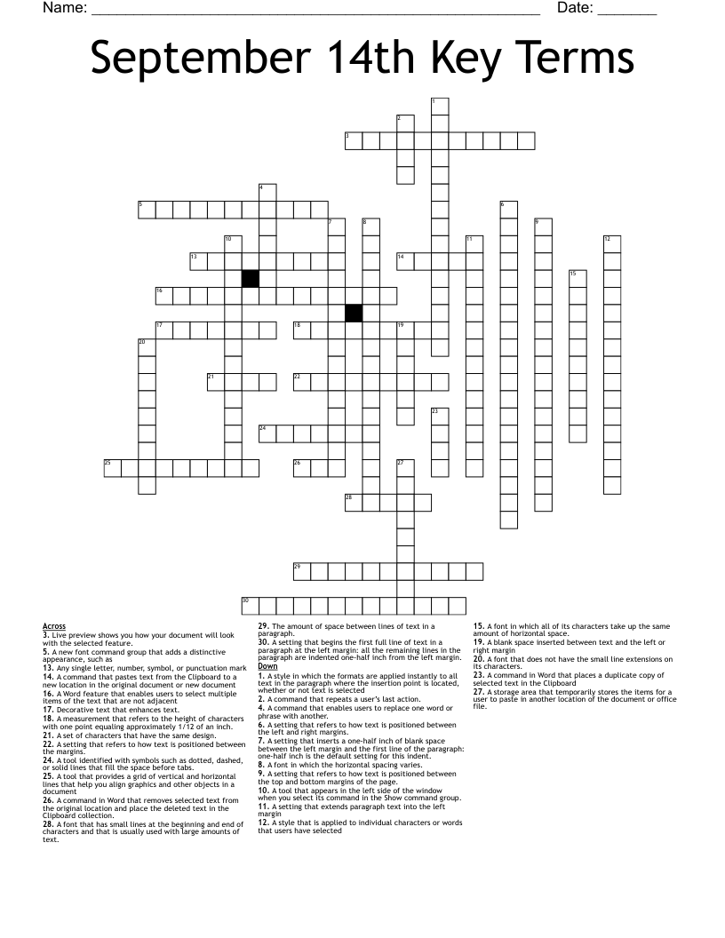 September 14th Key Terms Crossword