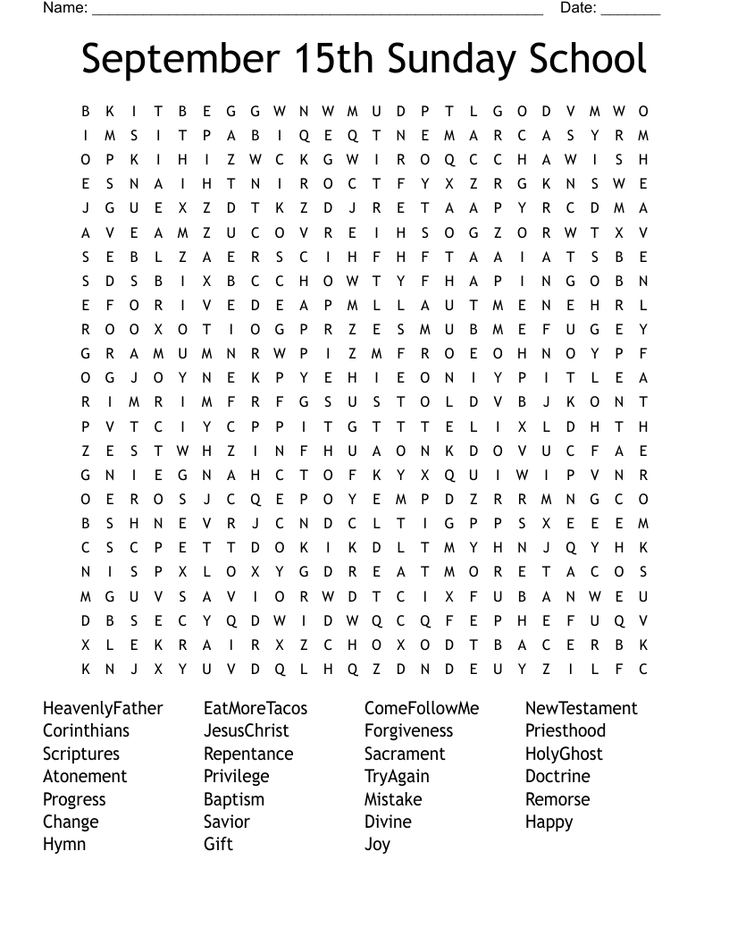 September 15th Sunday School  Word Search