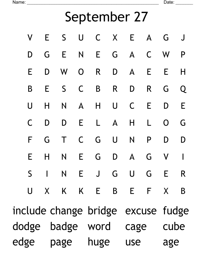 September 27 Word Search