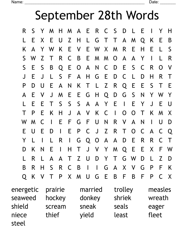 September 28th Words Word Search
