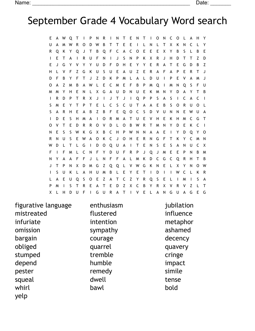 September Grade 4 Vocabulary Word search 