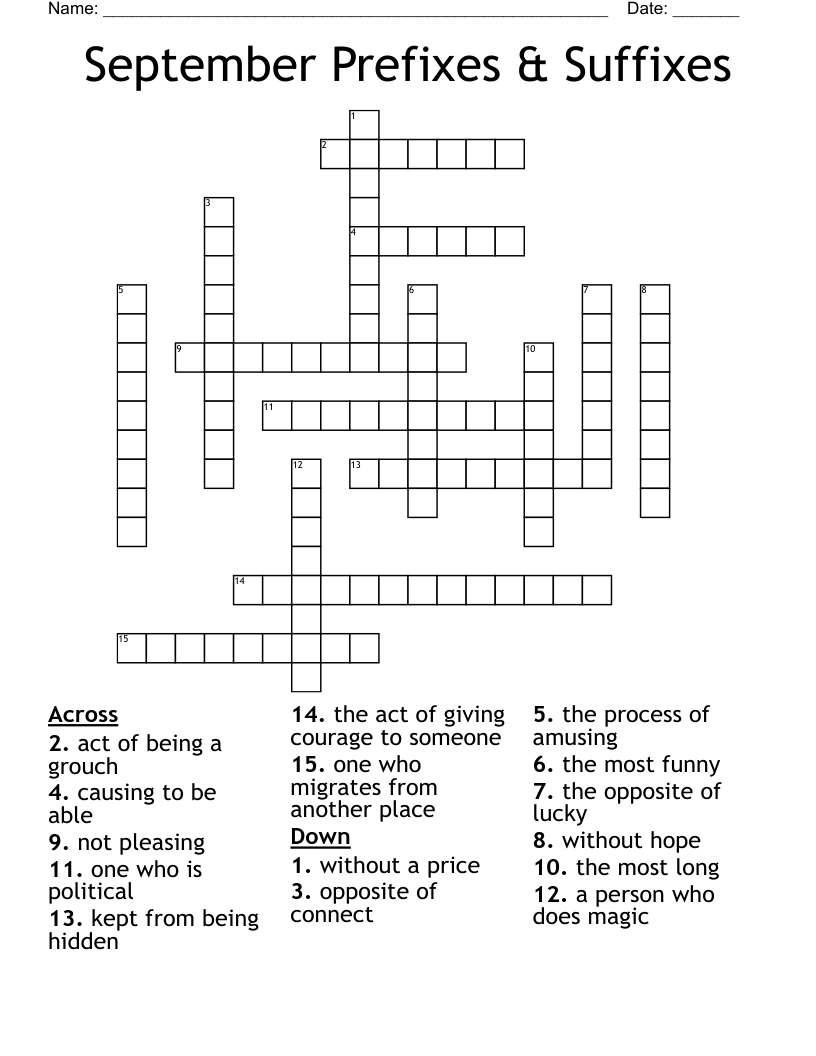 September Prefixes & Suffixes Crossword