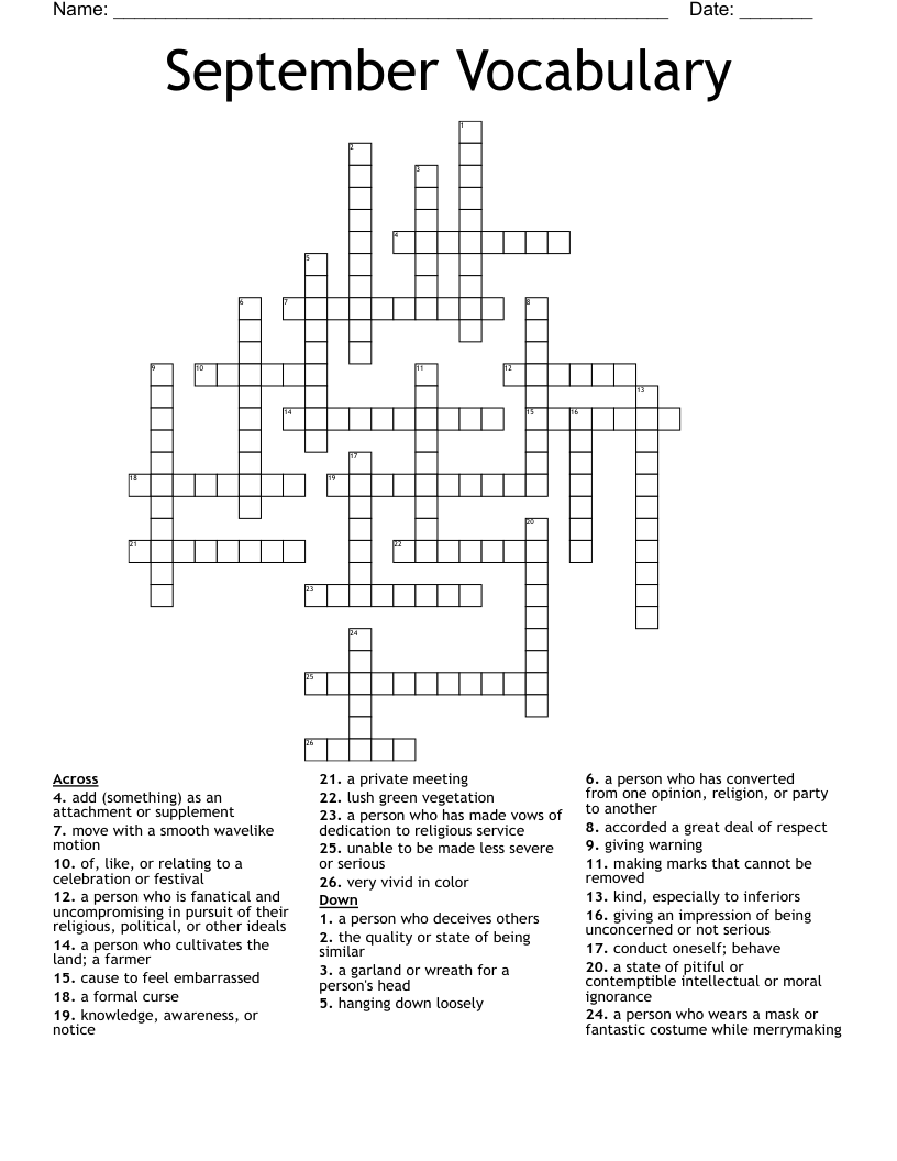 September Vocabulary Crossword