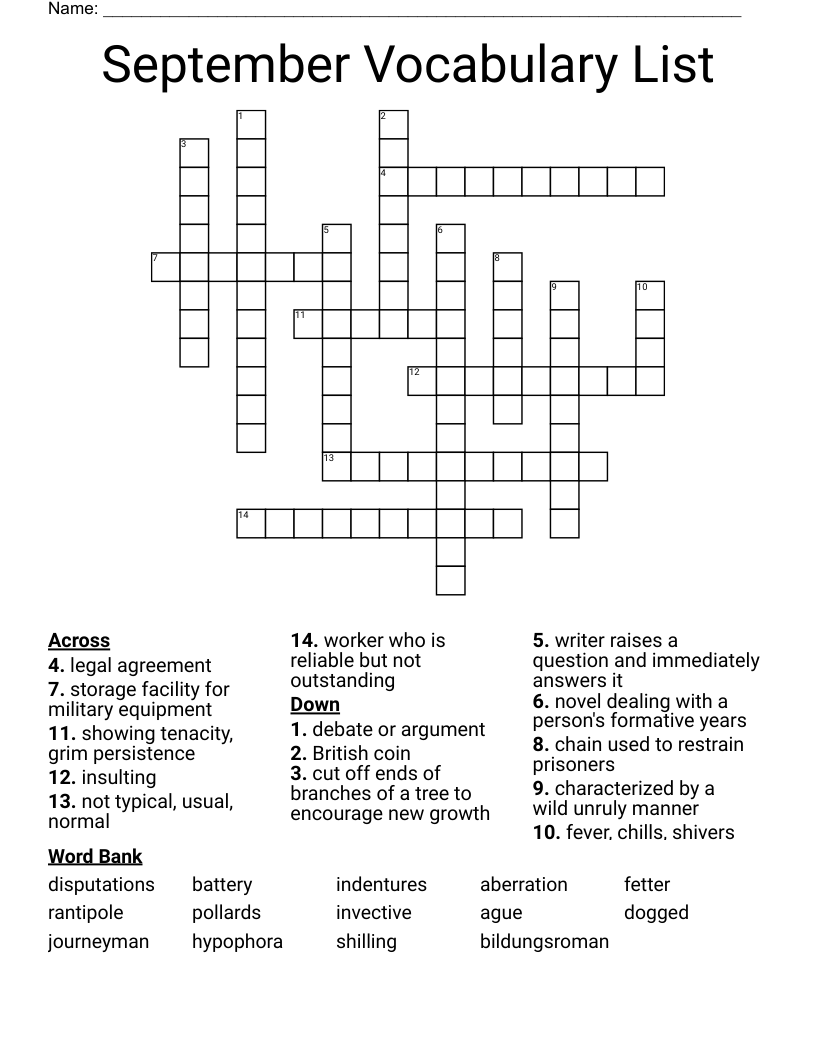 September Vocabulary List Crossword