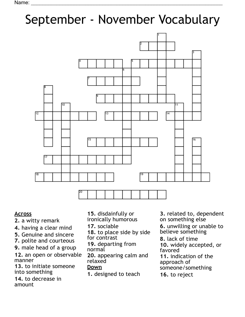 September - November Vocabulary Crossword