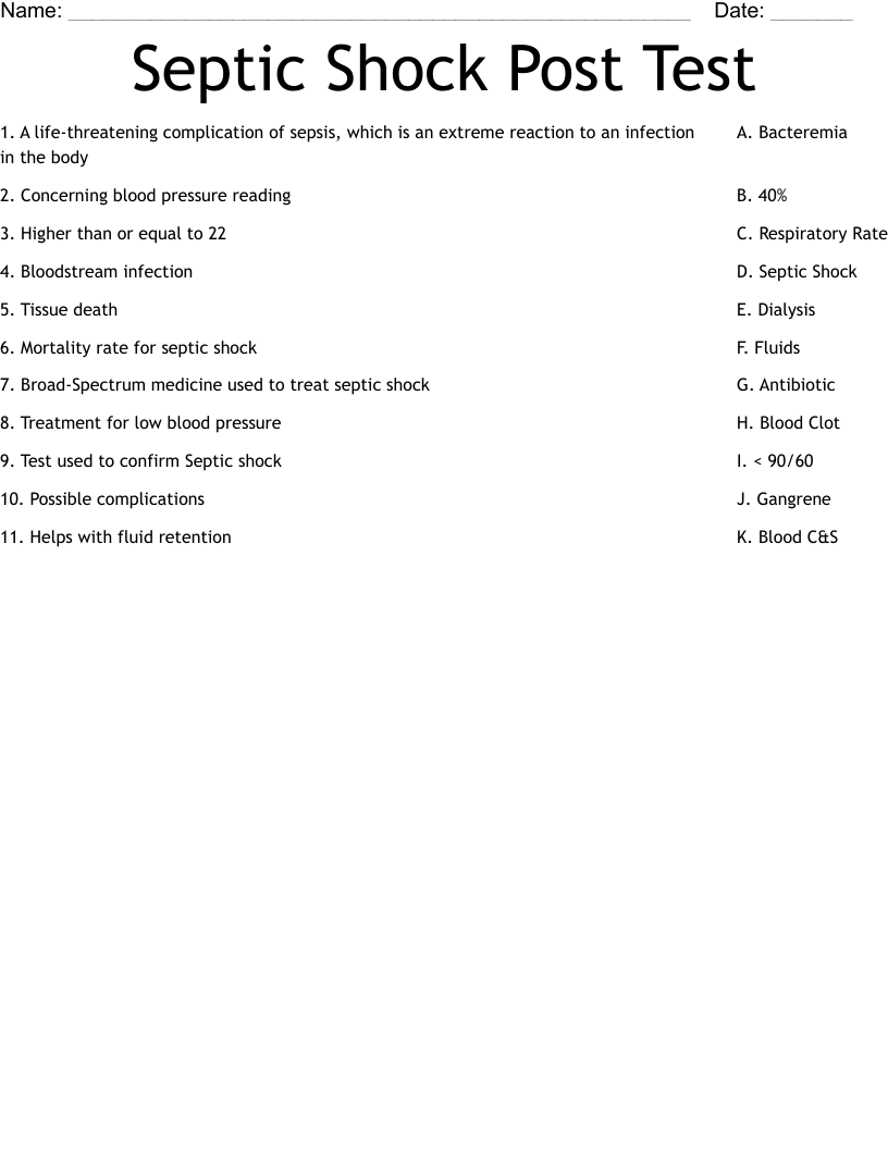 Septic Shock Post Test Worksheet