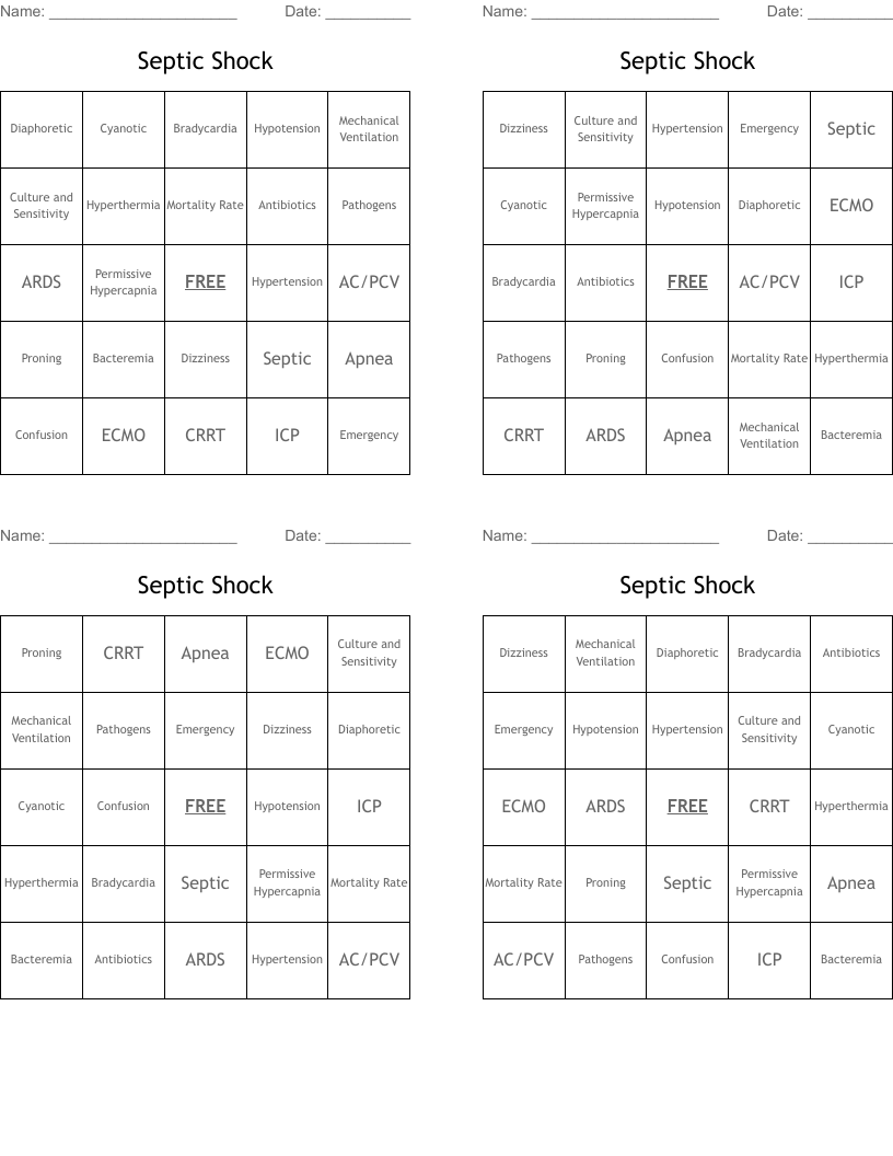 Septic Shock  Bingo Cards