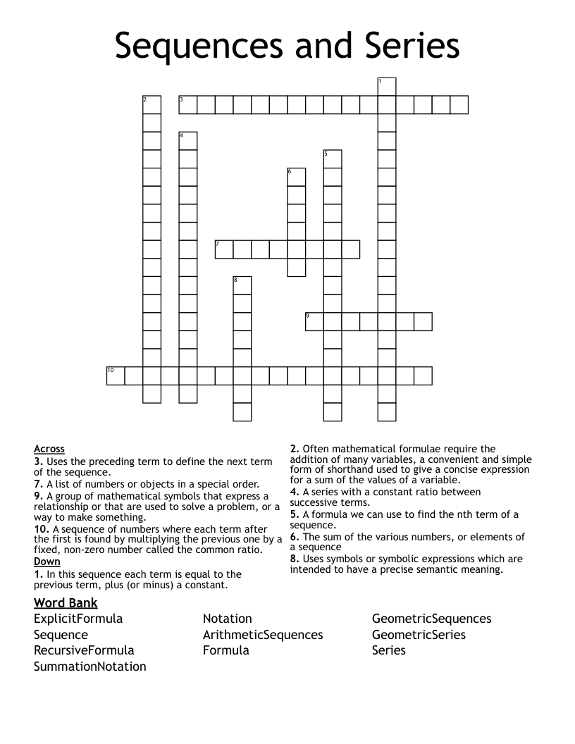 Sequences and Series Crossword