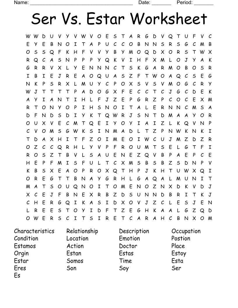 Ser Vs. Estar Worksheet  Word Search