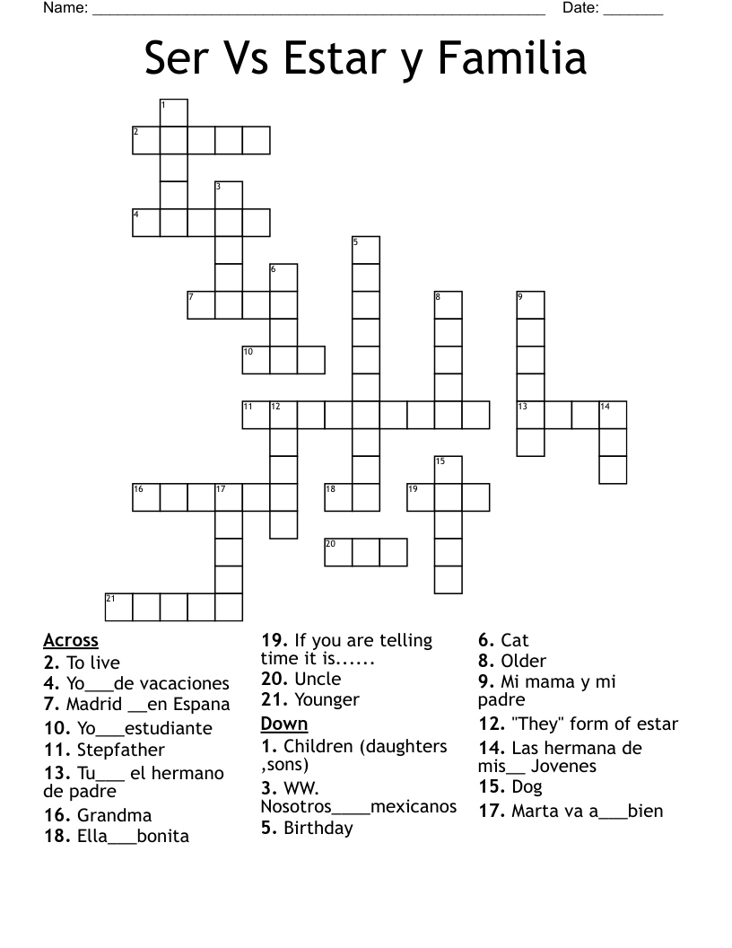 Ser Vs Estar y Familia Crossword