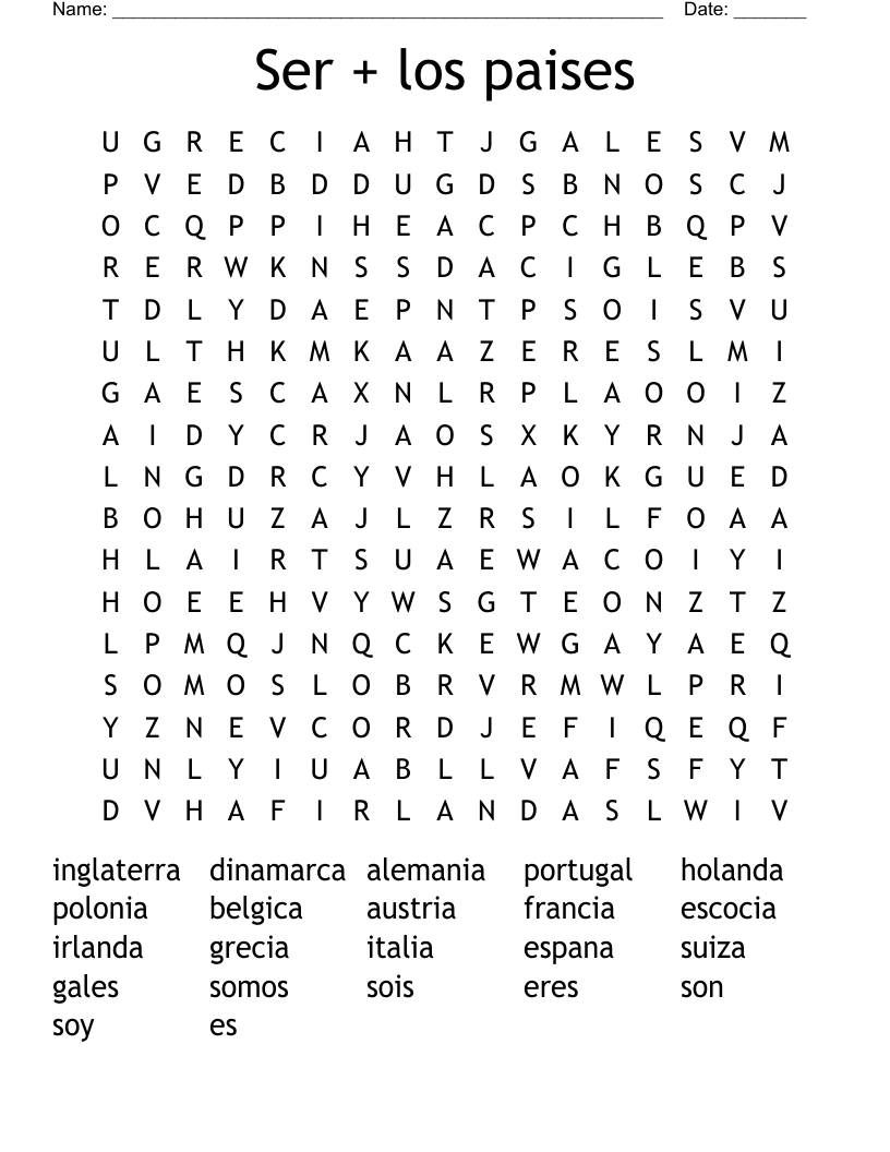 Ser + los paises Word Search