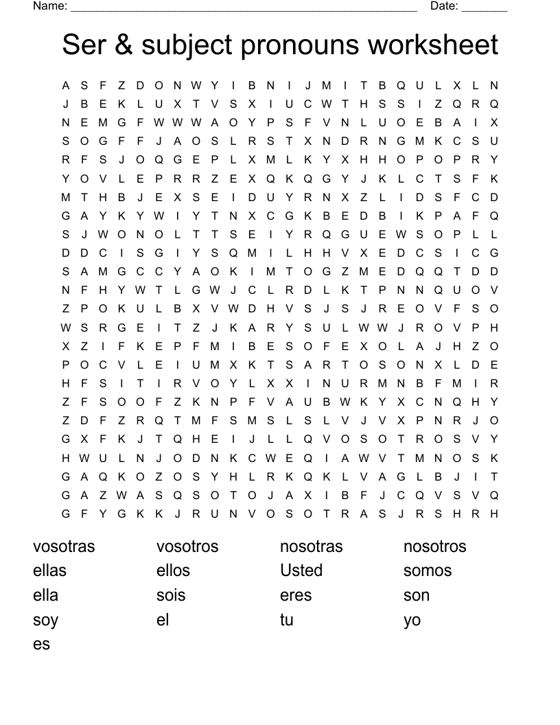 Ser & subject pronouns  worksheet Word Search
