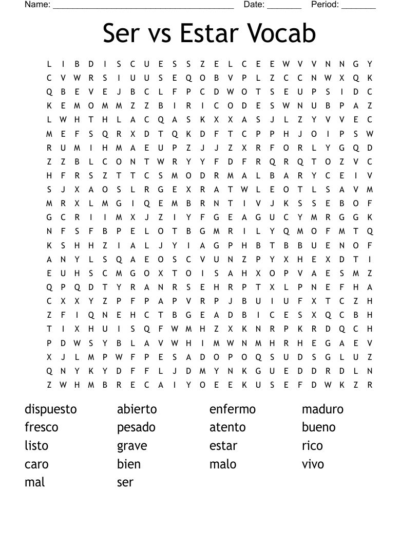 Ser vs Estar Vocab Word Search