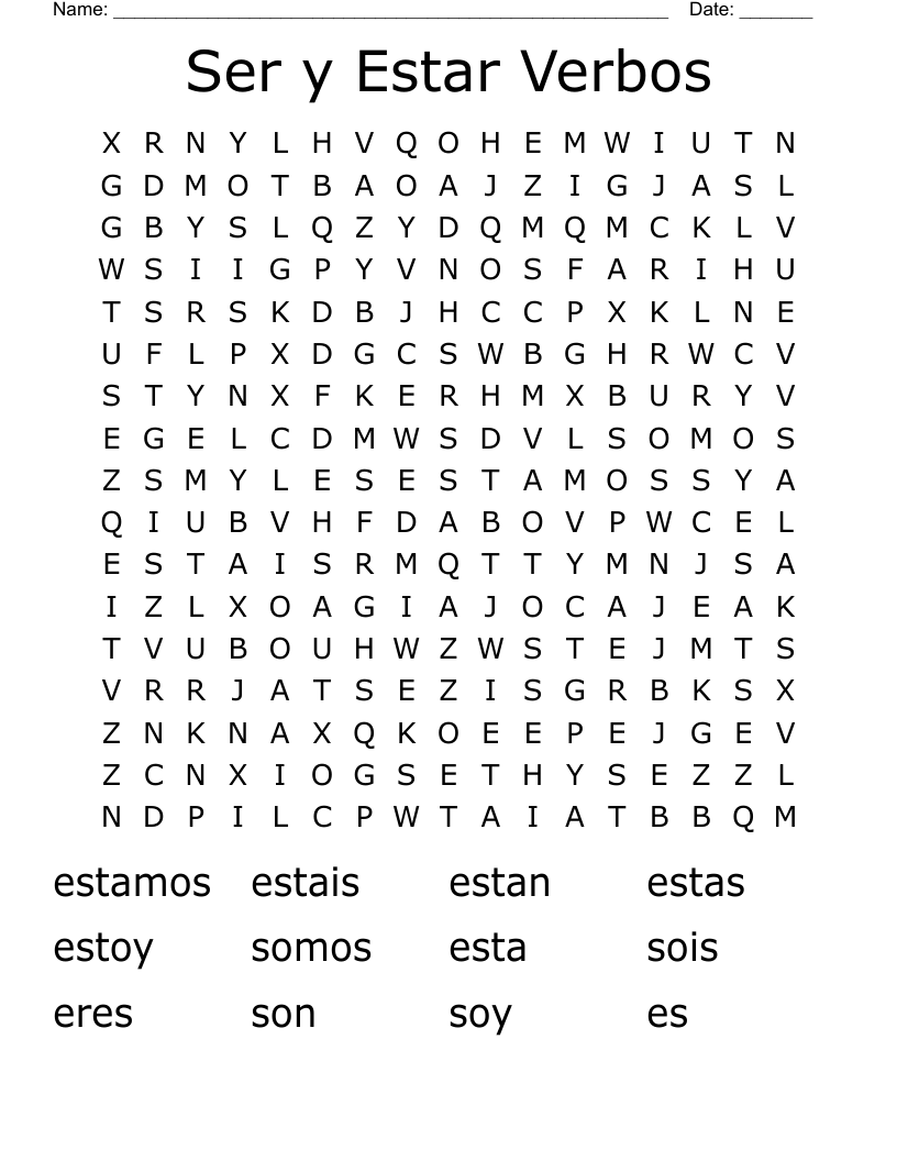 Ser y Estar Verbos Word Search