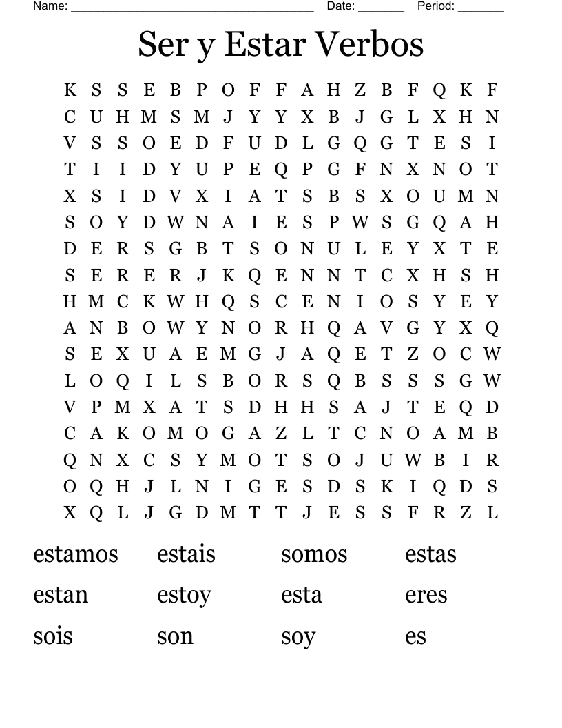 Ser y Estar Verbos Word Search