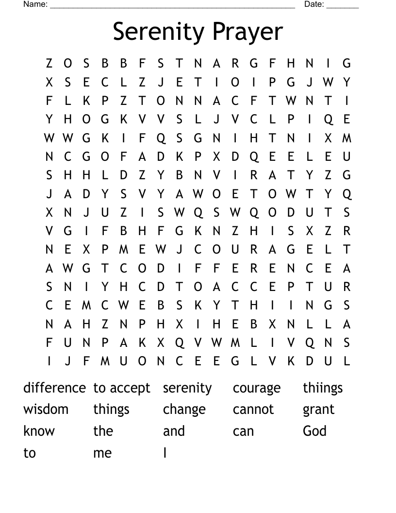 Serenity Prayer Word Search