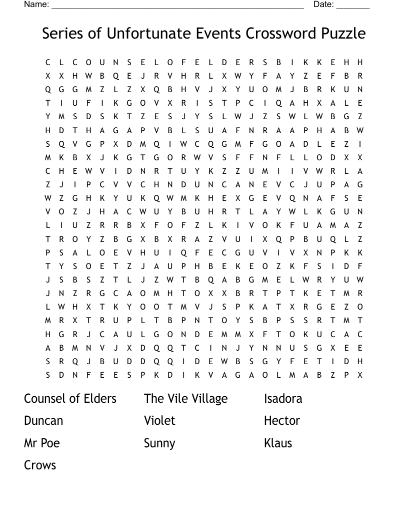 Series of Unfortunate Events Crossword Puzzle Word Search