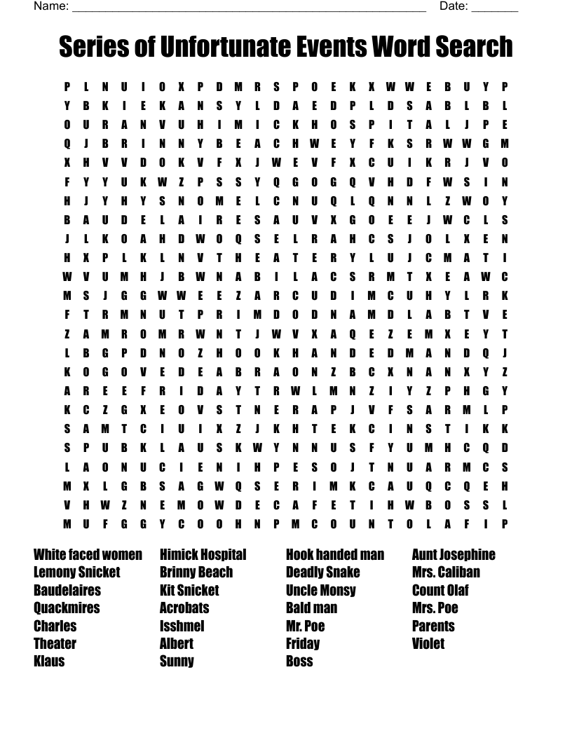 Series of Unfortunate Events Word Search