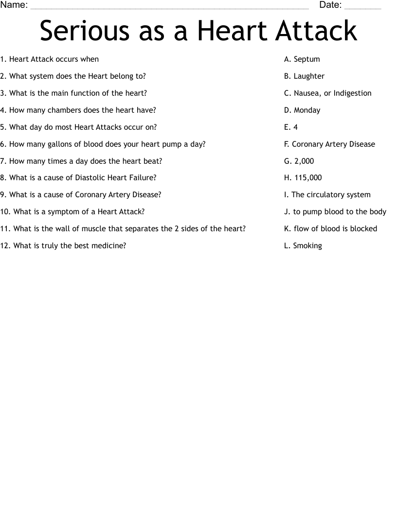 Serious as a Heart Attack Worksheet