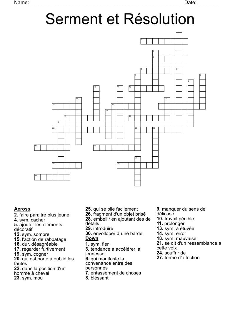 Serment et Résolution Crossword