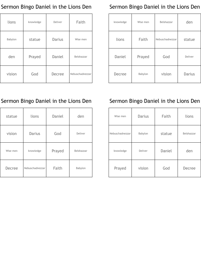 Sermon Bingo  Daniel in  the Lions Den