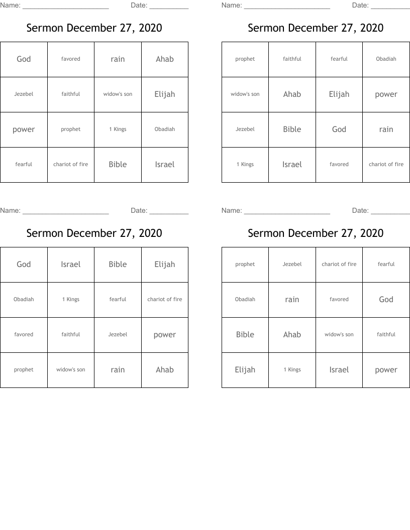 Sermon December 27, 2020 Bingo Cards