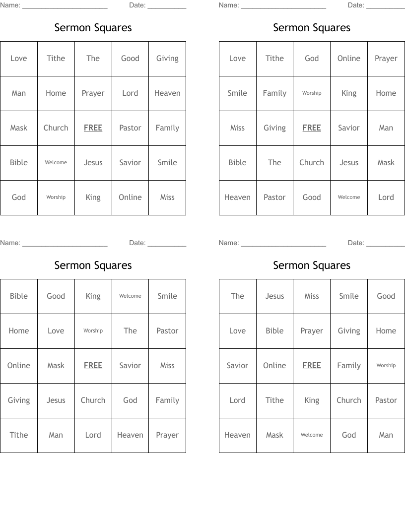 Sermon Squares Bingo Cards