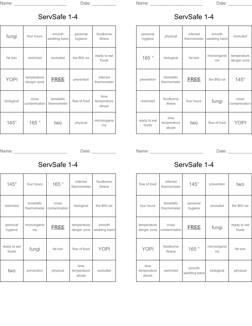 ServSafe 1-4 Bingo Cards