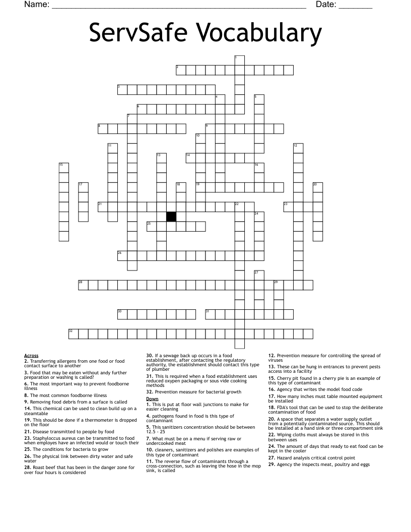 ServSafe Vocabulary Crossword