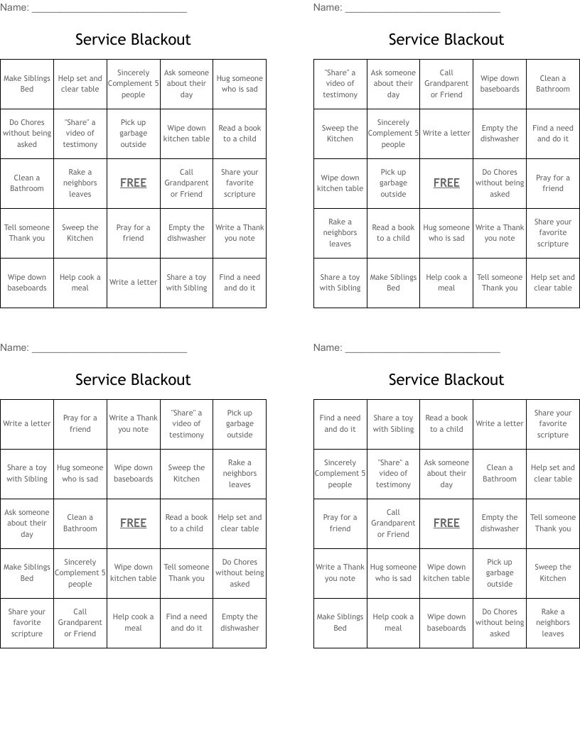 Service Blackout Bingo Cards