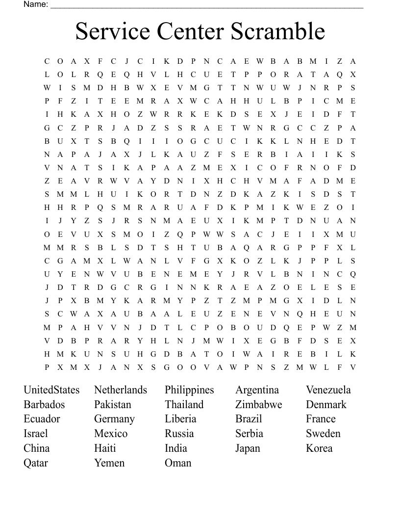 Service Center Scramble Word Search
