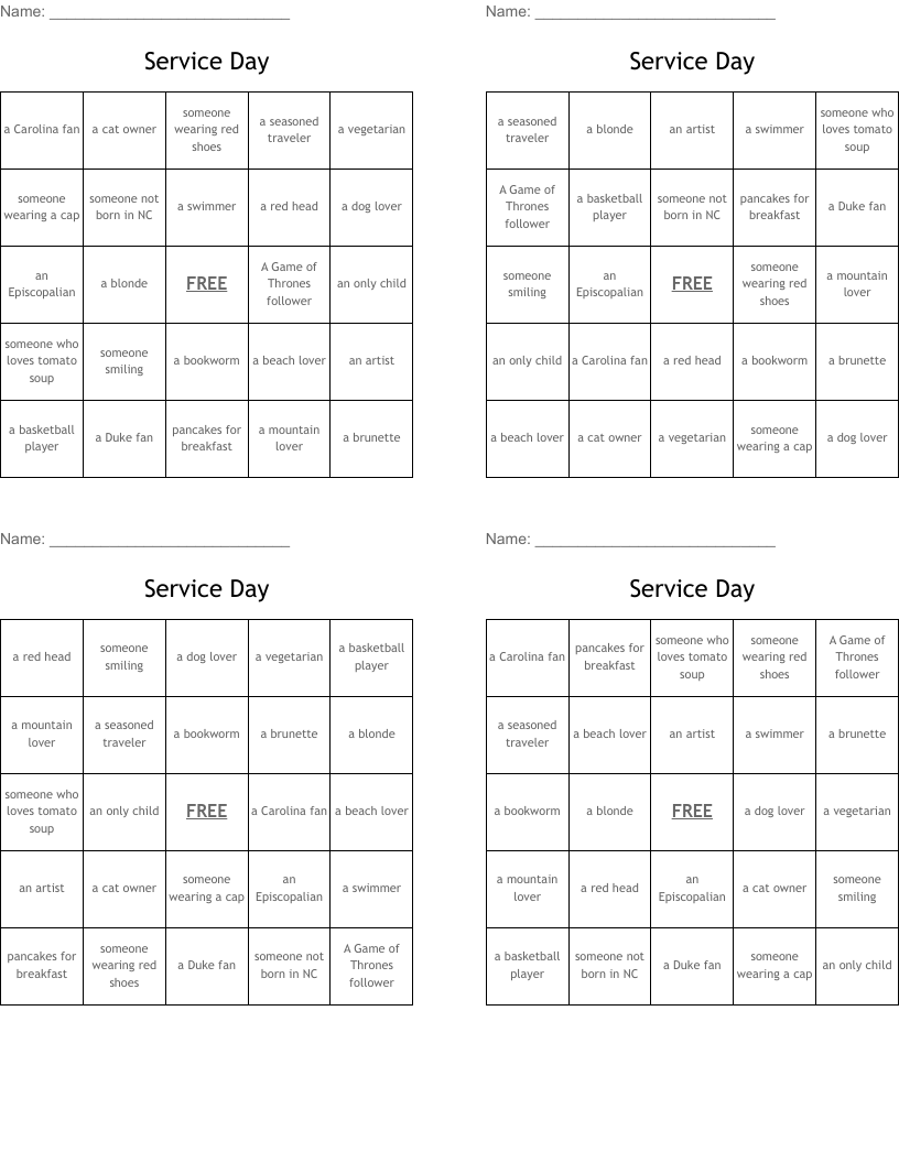 Service Day Bingo Cards