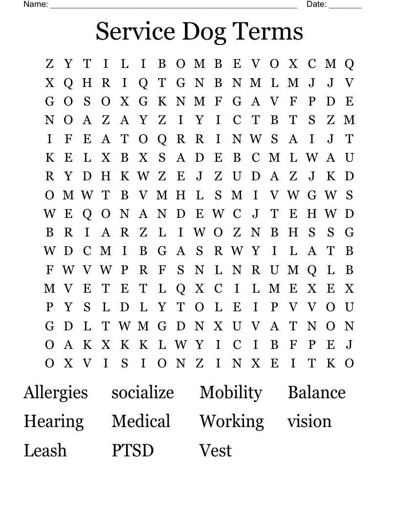 Service Dog Terms Word Search