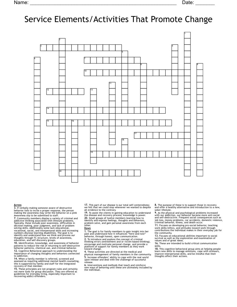 Service Elements/Activities That Promote Change Crossword