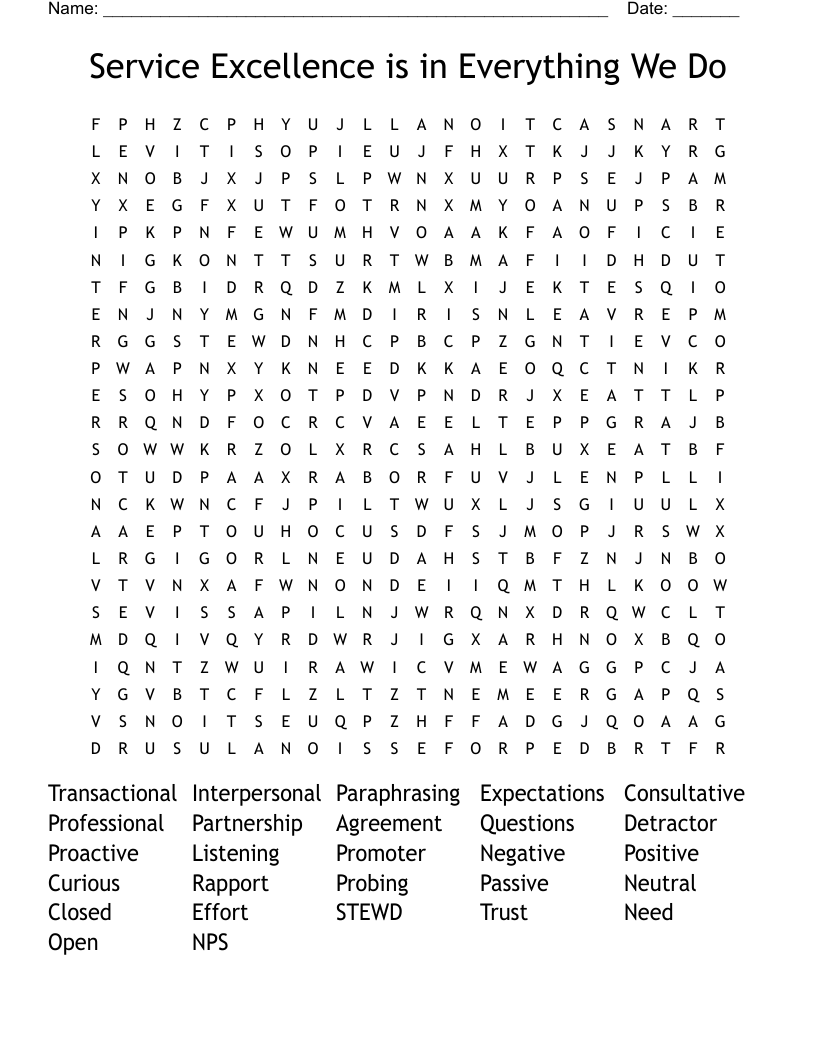 Service Excellence is in Everything We Do  Word Search