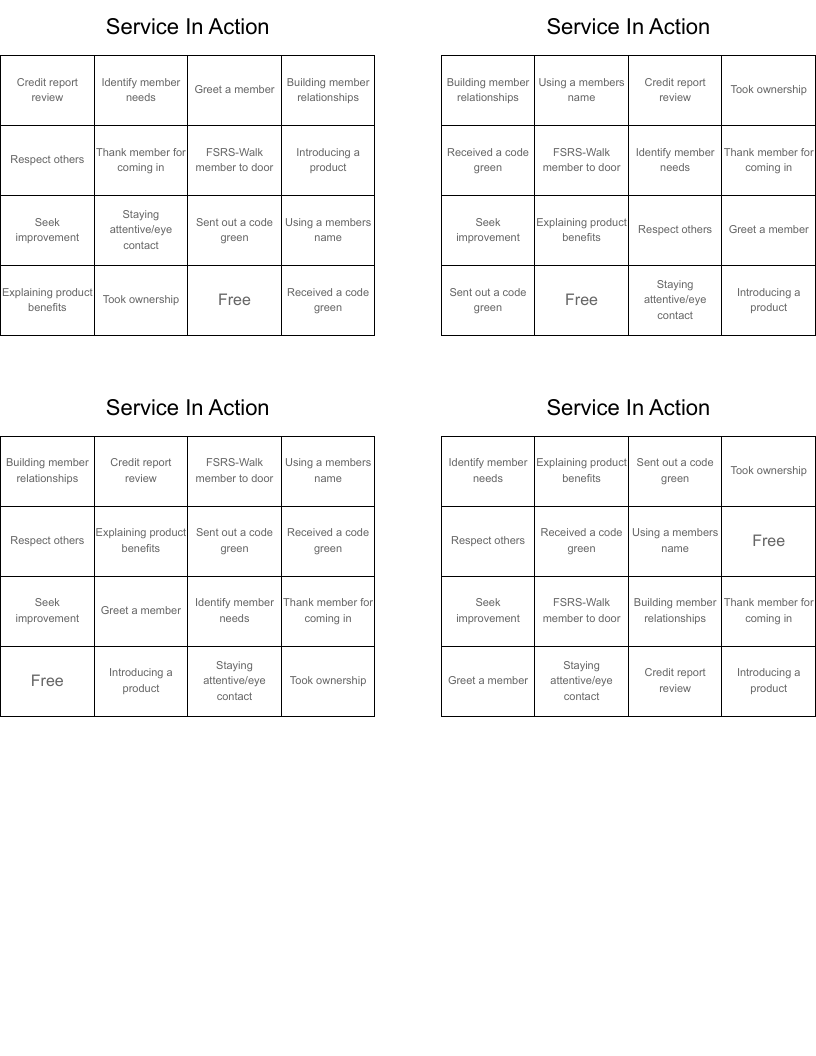 Service In Action Bingo Cards