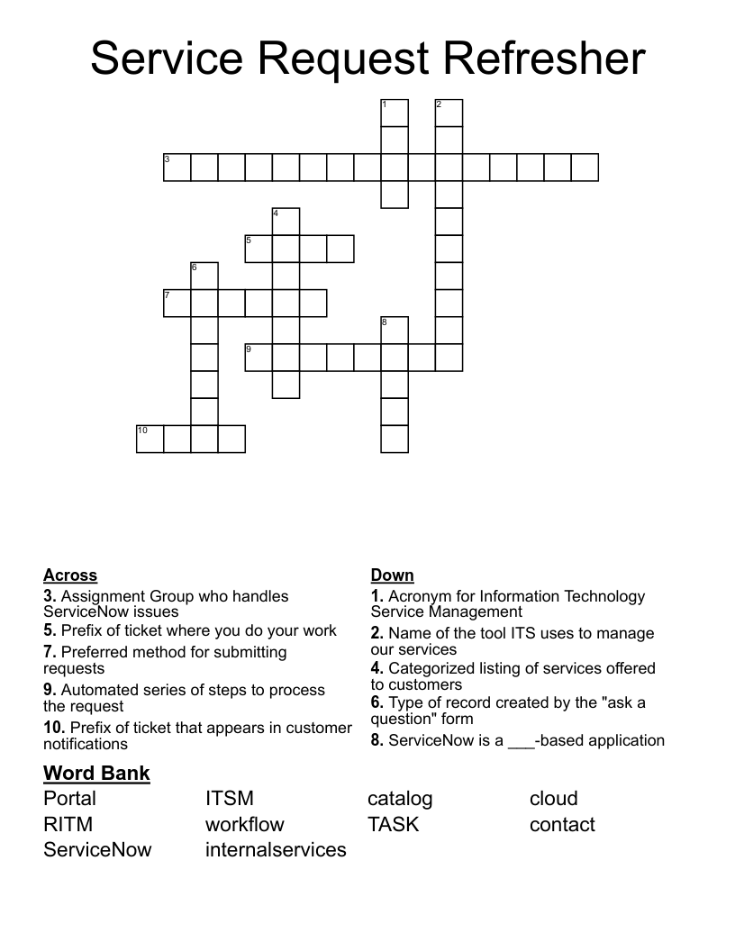 Service Request Refresher Crossword
