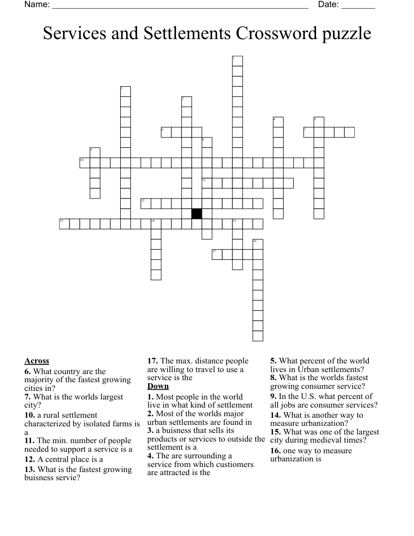 Services and Settlements Crossword puzzle