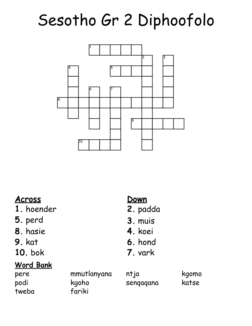 Sesotho Gr 2      Diphoofolo Crossword