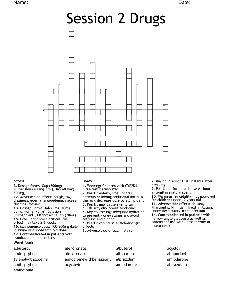 Session 2 Drugs Crossword