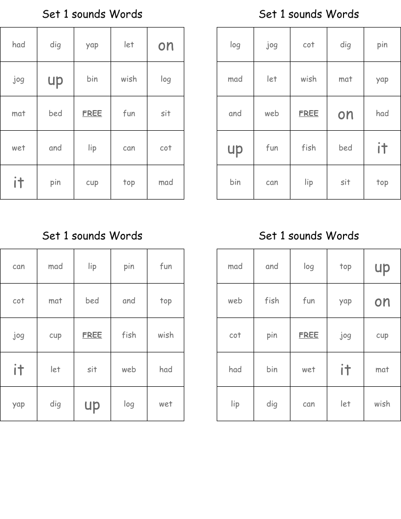 Set 1 sounds Words Bingo Cards