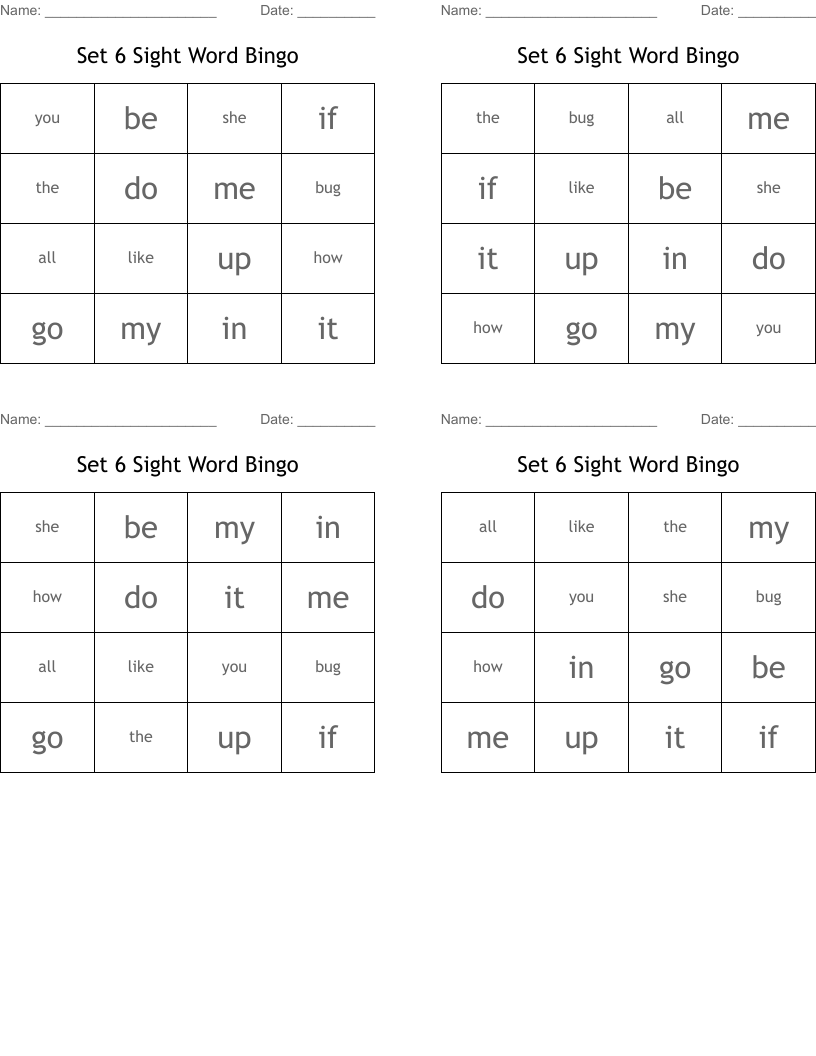 Set 6 Sight Word Bingo