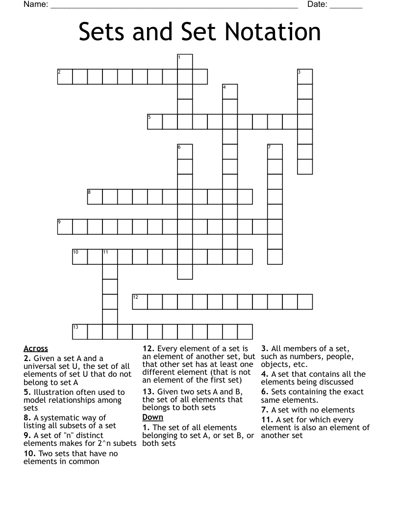 Sets and Set Notation Crossword