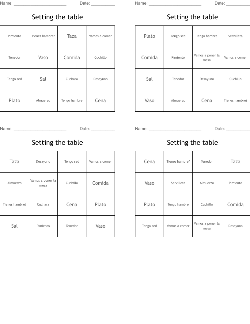 Setting the table  Bingo Cards