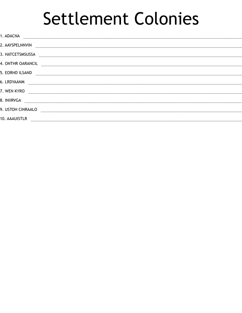 Settlement Colonies Word Scramble