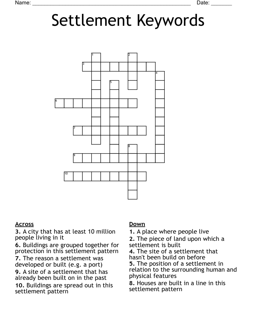 Settlement Keywords Crossword