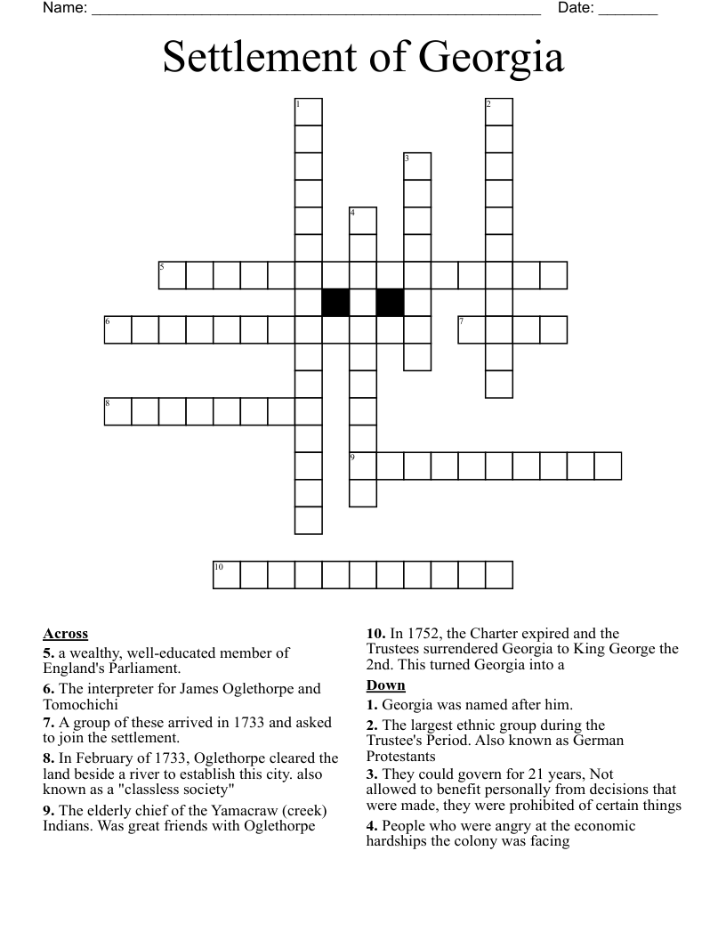 Settlement of Georgia Crossword