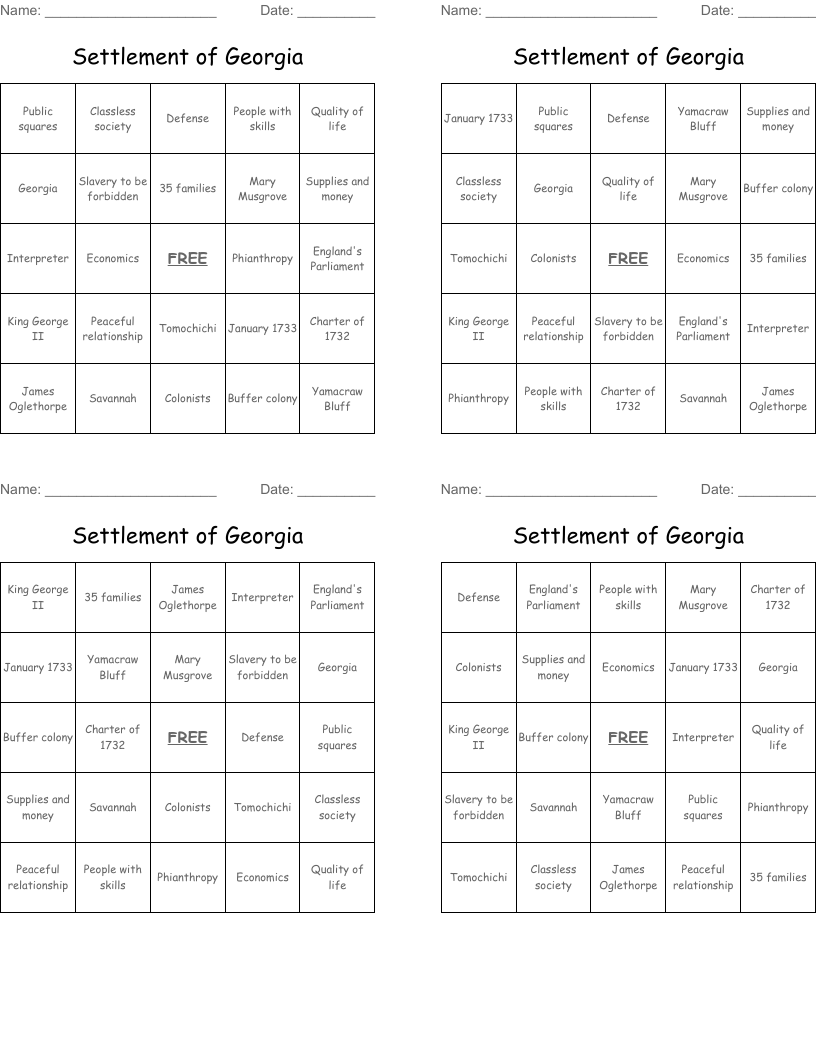 Settlement of Georgia Bingo Cards